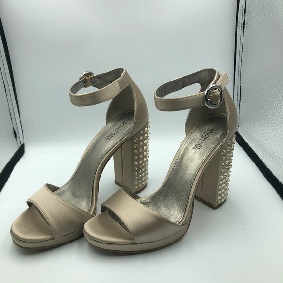 Michael Kors Erika Rhinestone Champagne Satin Womens Platform Heels Size 6
